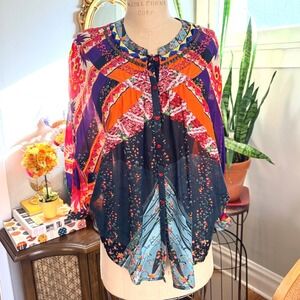 Desigual NWT Patchwork Embroidered Long Sleeve Button Front‎ Shirt Blouse - S